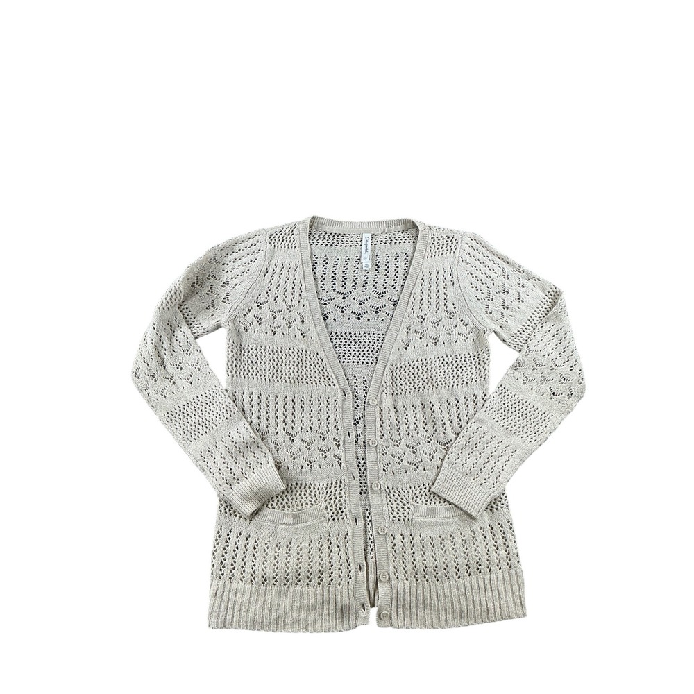 Aeropostale Womens XL Beige Pointelle Knit Button Front Cardigan Sweater Pockets